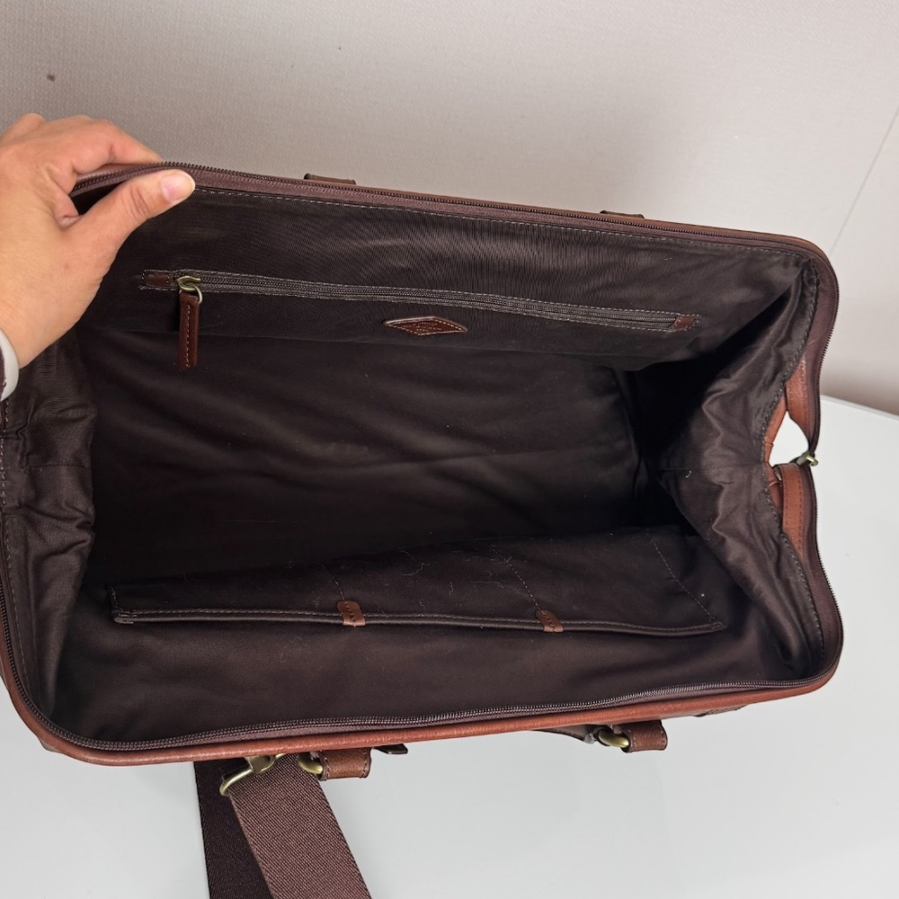 Fossil Mens Estate Brown/cognac Leather Weekender Travel Framed Duffle Bag - Picture 7 of 10